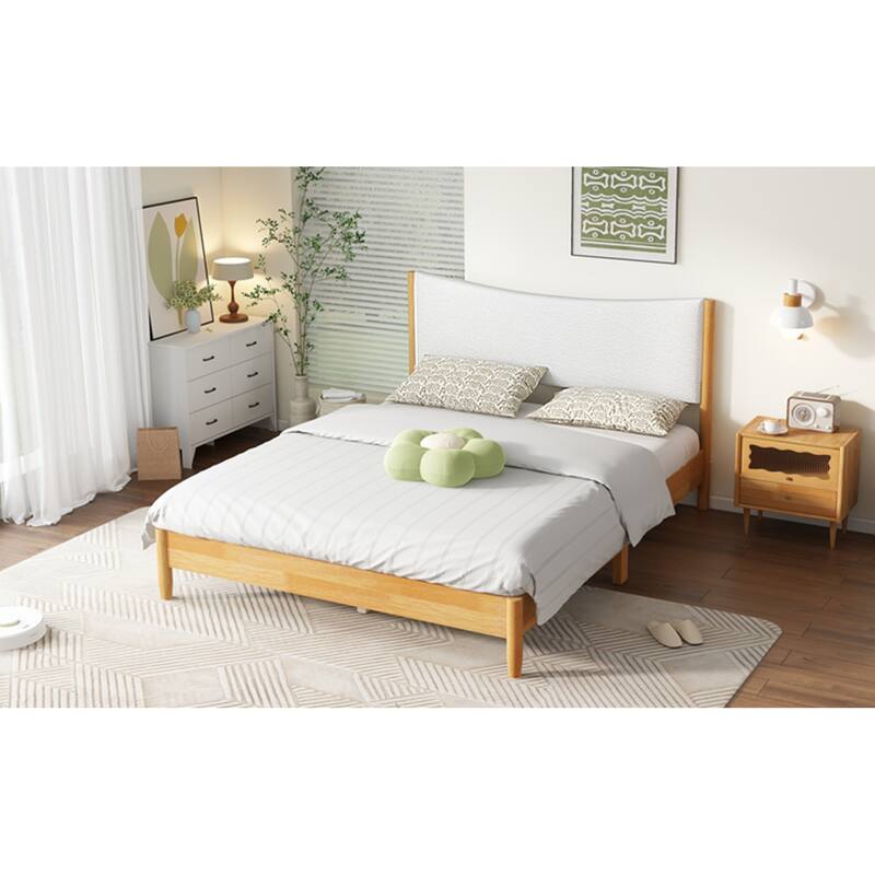 Roomfitters Queen Rubber Wood Bed with Boucle Upholstered Headboard, Reinforced Slat Platform with Support Feet, Natural