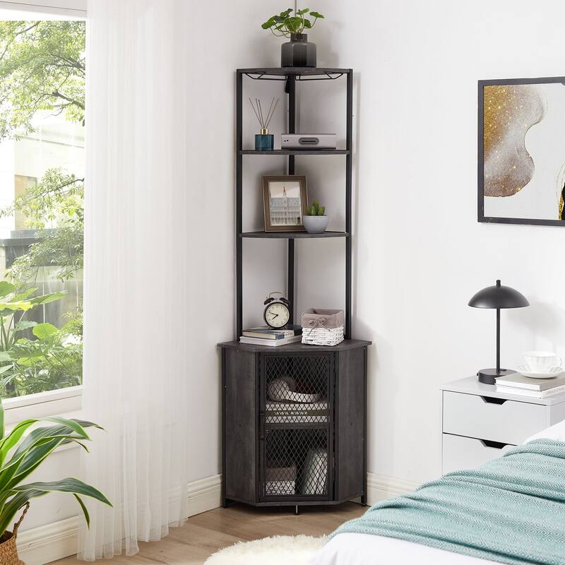 Javlergo 5-tier Wood Bookshelf Bookcase Display Corner Shelf with Storage and Glass Holder 63" Wine Bar