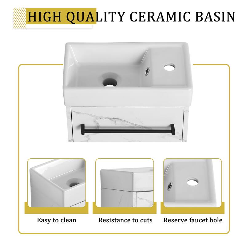 16'' Wall-Mounted Bathroom Vanity with Ceramic Sink, Soft-Close Cabinet Door, & Metal Handle - Space-Saving Design