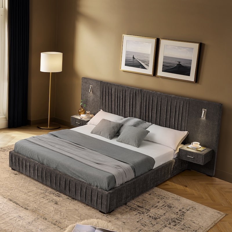 Pleating Upholstered Bed Platform Bed Frame with Enlarged Widened Headboard and Integrated Bedside Table Adjustable Bedside Lamp