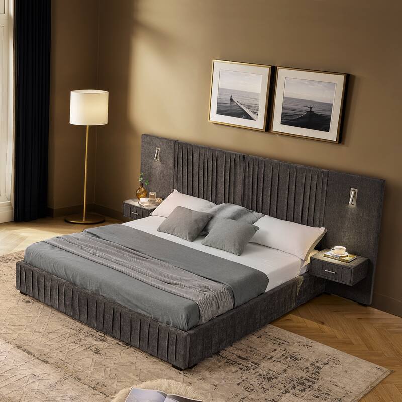 Roomfitters Queen Upholstered Chenille Platform Bed with Pleated Headboard and Built-In Bedside Tables, Solid Frame