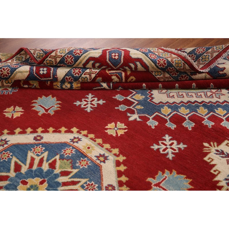 Red Geometric Kazak Oriental Area Rug Handmade Wool Carpet - 9'0"x 11'11"