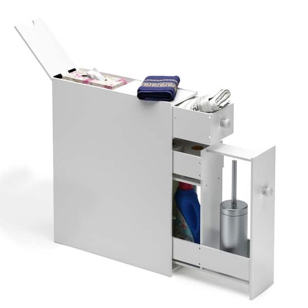 slide 2 of 10, Narrow Wood Floor Bathroom Storage Cabinet Holder Organizer White - Painted