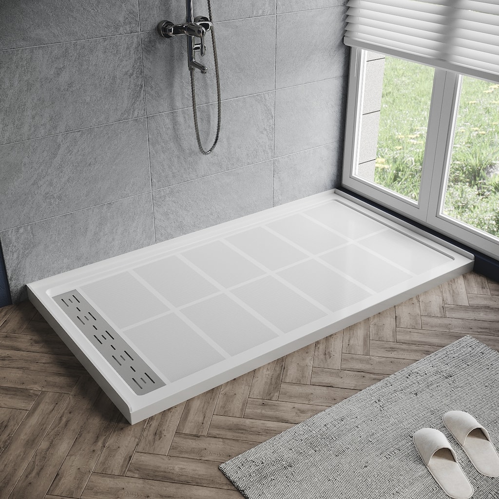 Elegant White SMC Shower Base Left Drain Rectangular Single Threshold Anti-slip Shower Pan