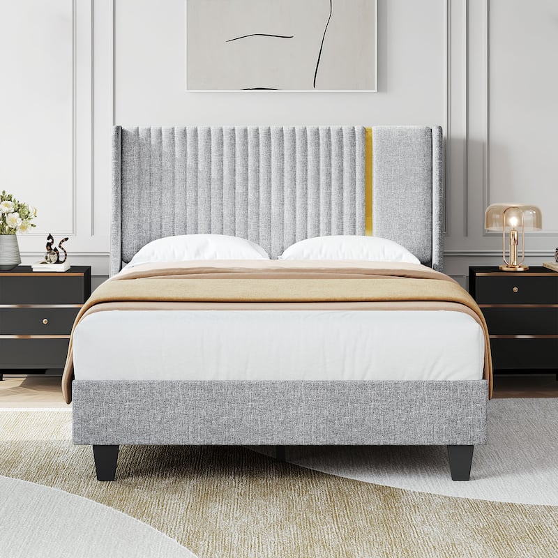 Moasis Upholstered Platform Bed Frame with Wood Slats Linen Headboard