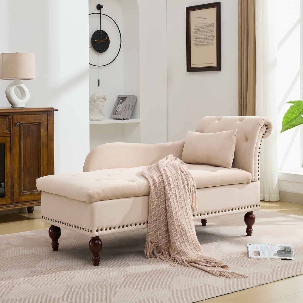 Storage Chaise Lounge Chair, Velvet Upholstered Tufted Chaise with Nailhead Trim, Accent Chair for Living Room Bedroom