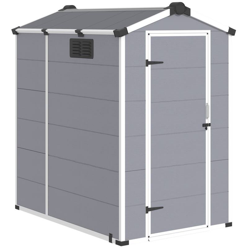 EROMMY Outdoor Storage Shed with Built-In Floor, Lockable Double Doors & Sloped Roof, Gray/Black