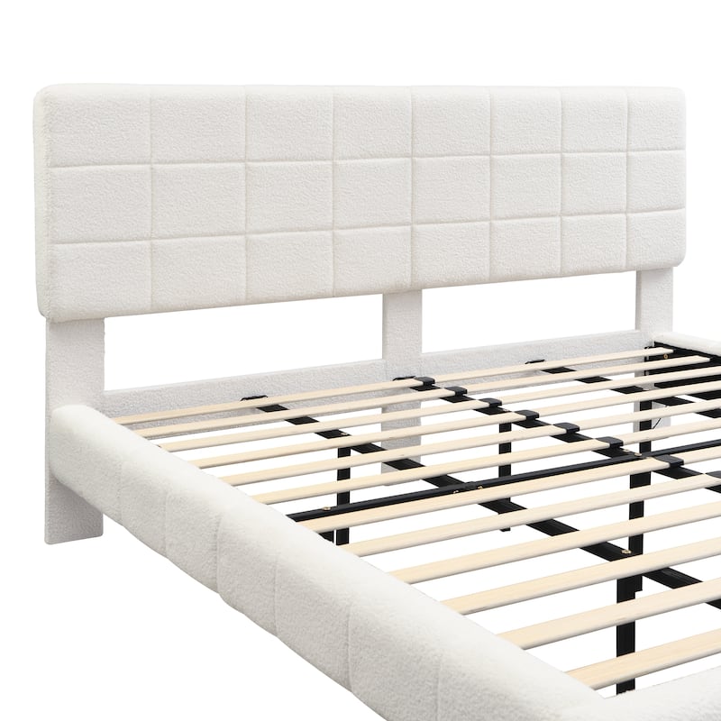 Floating Platform Bed Frame with LED Lights, Headboard, Modern Upholstered Boucle Fabric Bed with Checkerboard Design