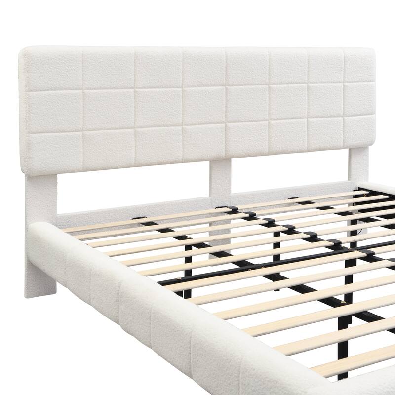 Queen / King White Boucle Floating Bed with LED Mood Lighting and Anti Collision Design