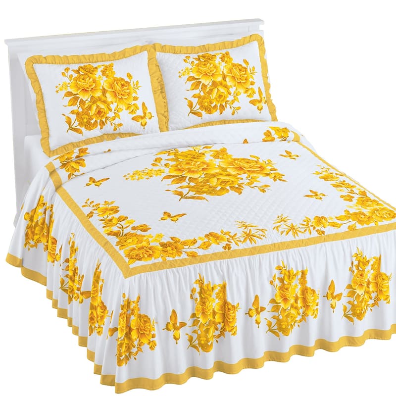 Enchanting Butterfly Ruffled Border Quilt Top Bedspread - Yellow - Full