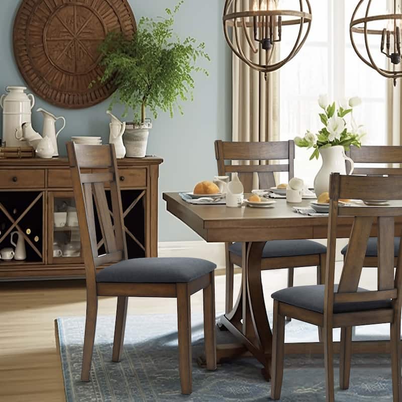 Modern Farmhouse Natural Rubberwood Upholstered Gray Seat Dining Chair, Set of 2
