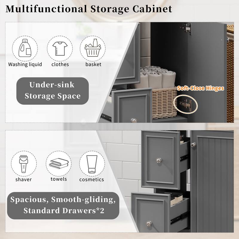 24" Bathroom Vanity with Ceramic Sink, 2 Drawers, Soft-Close Door, Freestanding Cabinet for Small Spaces, MDF and Wood