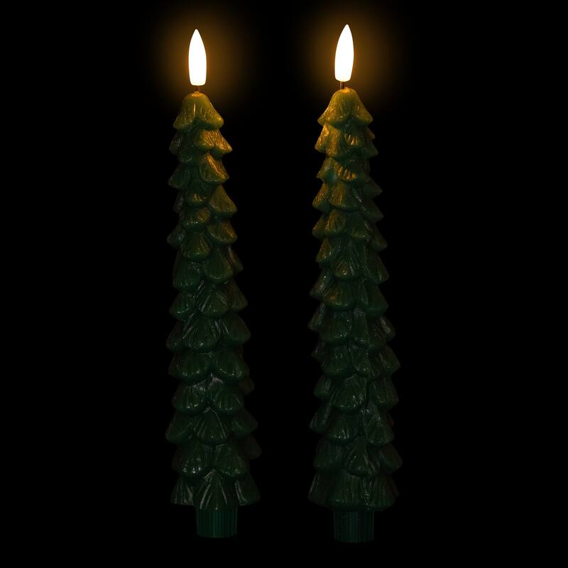 Flickering LED Flameless Wax Tapered Christmas Tree Candles - 9.75" - Green - Set of 2