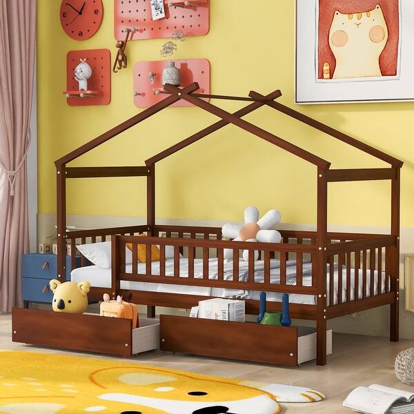 slide 2 of 14, Walnut Twin Size Wooden House Bed with Two Drawers and Fence for Boys, Girls and Bedroom Twin - Walnut