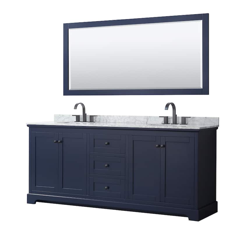 Wyndham Collection Avery 80" Free Standing Double Basin Vanity Set - Dark Blue / White Carrara Marble Top / Matte Black - Painted
