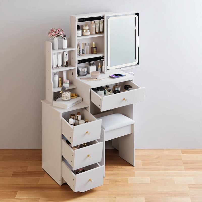 Compact Makeup Vanity with Power Outlets, Type-C Charging, Touch Mirror & Stool, 29.2" Dresser for Small Space
