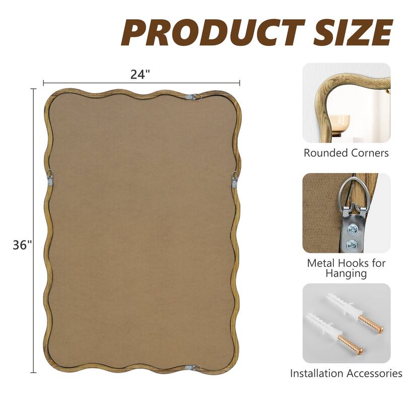 Scalloped Wood Frame Rectangle Wavy Wall Mirror