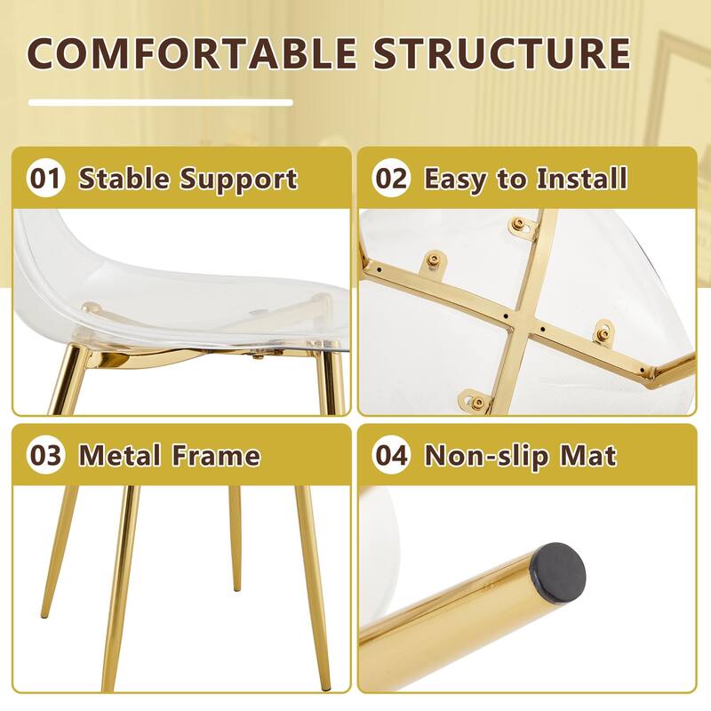 Set of 5 Piece Round Glass Dining Table and 4 Transparent Plastic Chairs X Shaped Metal Base