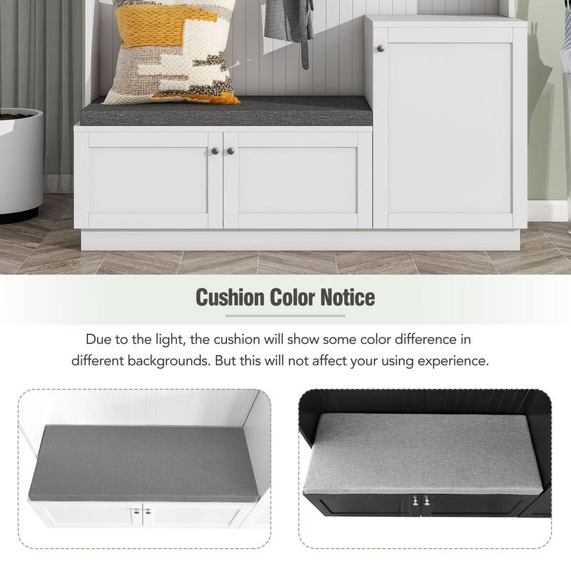 Upholstered Bench Shoe Bench with Storage Cabinets and Hooks, Coat Rack Entryway Bench with Storage Compartments