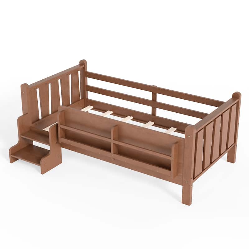 Full/Twin Floor Bed with Storage Bookcases & Cute Stairs - Solid Wood Kids Bed, No Box Spring