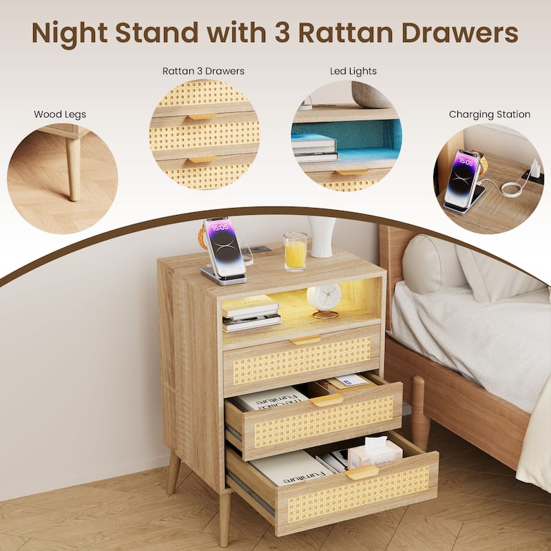 POLESITTER Rattan 3 Drawers Nightstand with LED Lights and Charging Station,Storage End Table