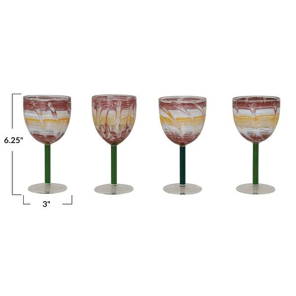 Hand-Blown Art Glass Wine Glasses with Stems, Set of 4 - 3.0"L x 3.0"W x 6.25"H