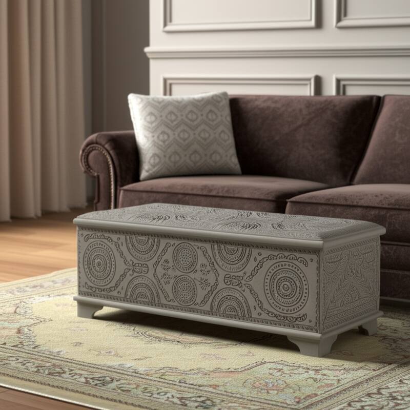 HomeRoots 54" Gray Carved Geo Scroll Solid Wood Storage Ottoman - Grey - 54' X '18' X '18