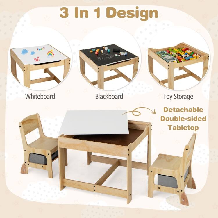 Plywood 3 in 1 Kids Table and Chairs Set with Storage Bins - 24.5" x 24.5" x 19"