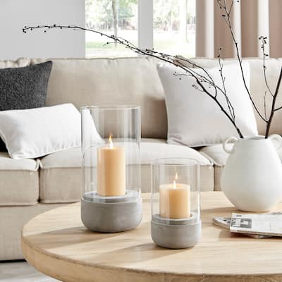 Danya B. Modern Cool Gray Cement Base and Glass Pillar Candle Holder