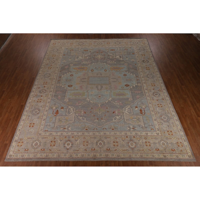 Geometric Gray Oushak Turkish Large Area Rug Hand-Knotted Wool Carpet - 12'1"x 14'6"