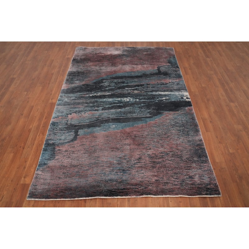 Hand Knotted Oriental Viscose Silk Carpet Modern Pictorial Multi-Colored Abstract Area Rug - 7' 11'' X 5' 3''