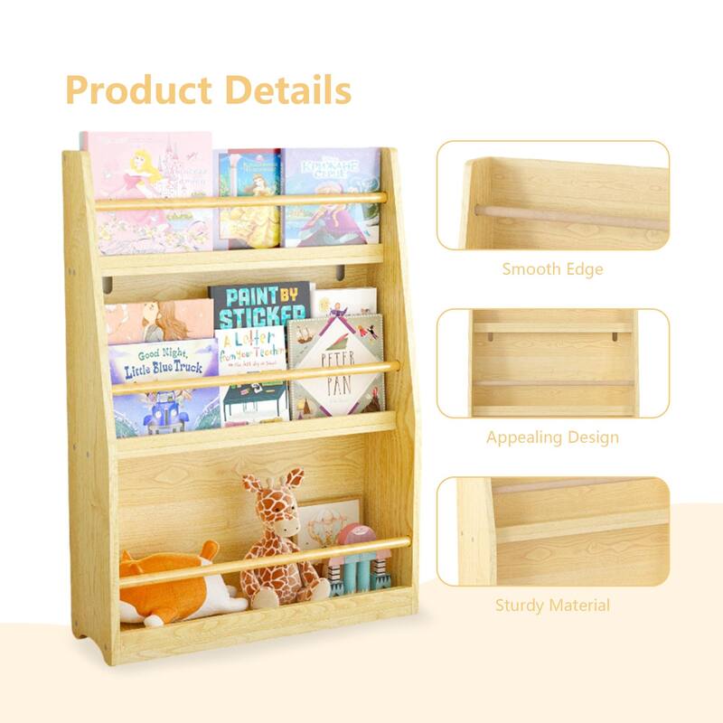 Anmytek 3-Tier Kids Wall Bookshelf with Slanted Front & Guardrails, Pastel Finish Wooden Display for Bedroom