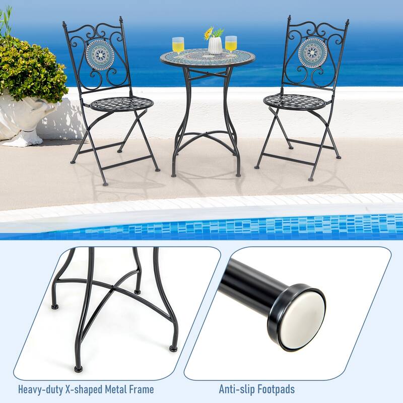 24" Mosaic Pattern Round Patio Bistro Table with Metal Frame and Concrete Top for Balcony or Yard