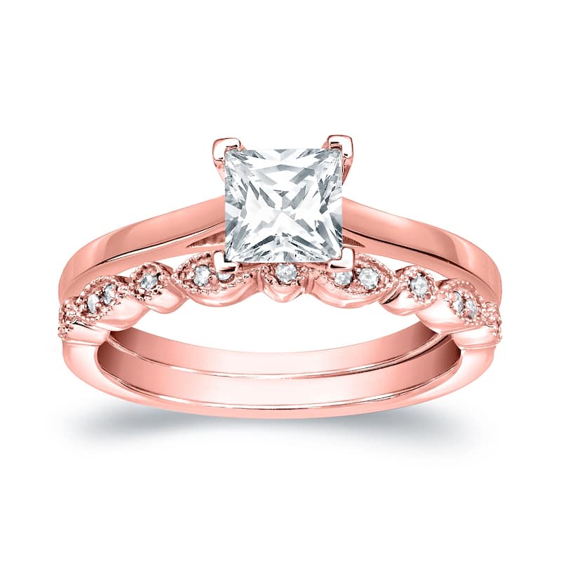 Auriya 14k Gold 7/8ctw Vintage Princess-cut Solitaire Diamond Engagement Ring Set - 8 - Rose