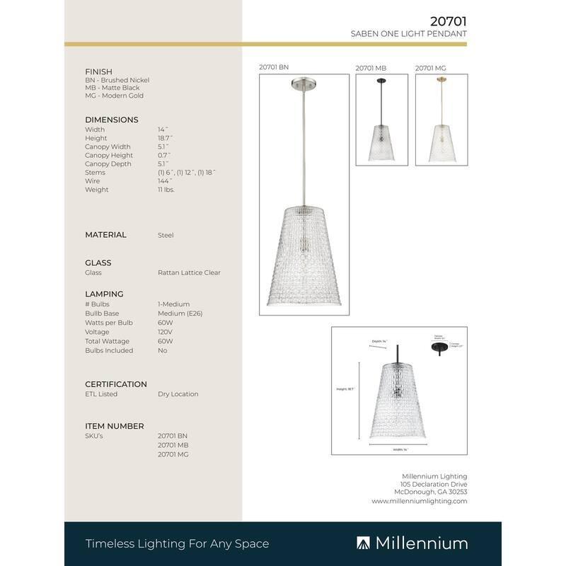 Millennium Lighting Saben 1 Light Pendant Fixture