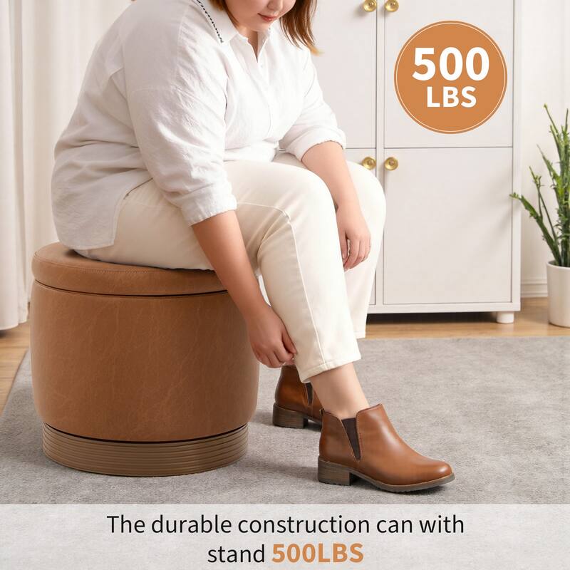 Round Swivel Storage Ottoman Footstool with Flip-top and Acacia Frame