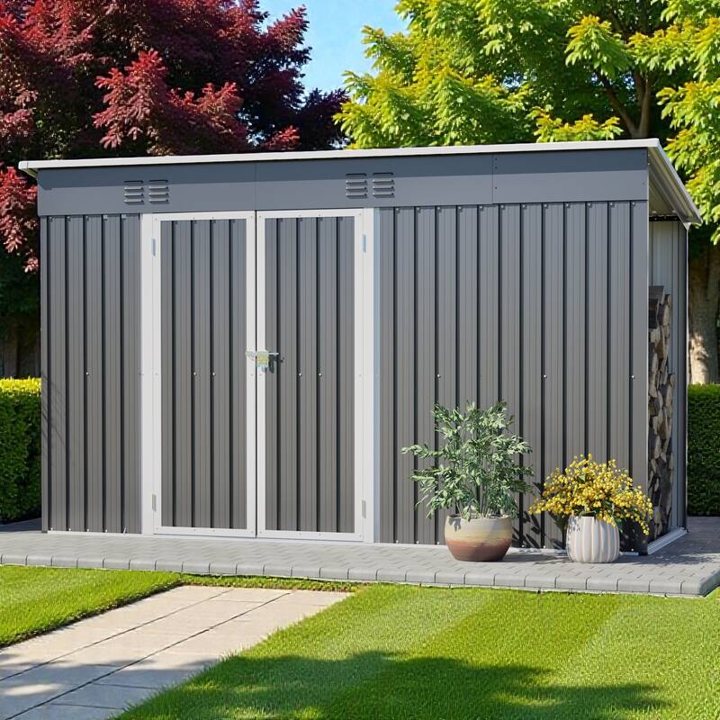 10'x4' Outdoor Steel Storage Shed with Lockable Door and Floor Frame, Metal Tool Shed Grey