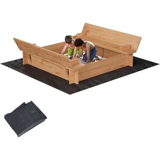 Kids Wood Sandbox with Cover, Spacious Outdoor Play Area with 2 Bench Seats for Ages 3-8