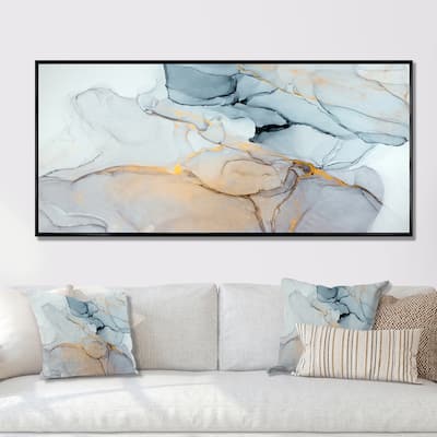 Designart "Luxry Blue And Grey Marble Art Ripples II" Abstract Framed Canvas Wall Art