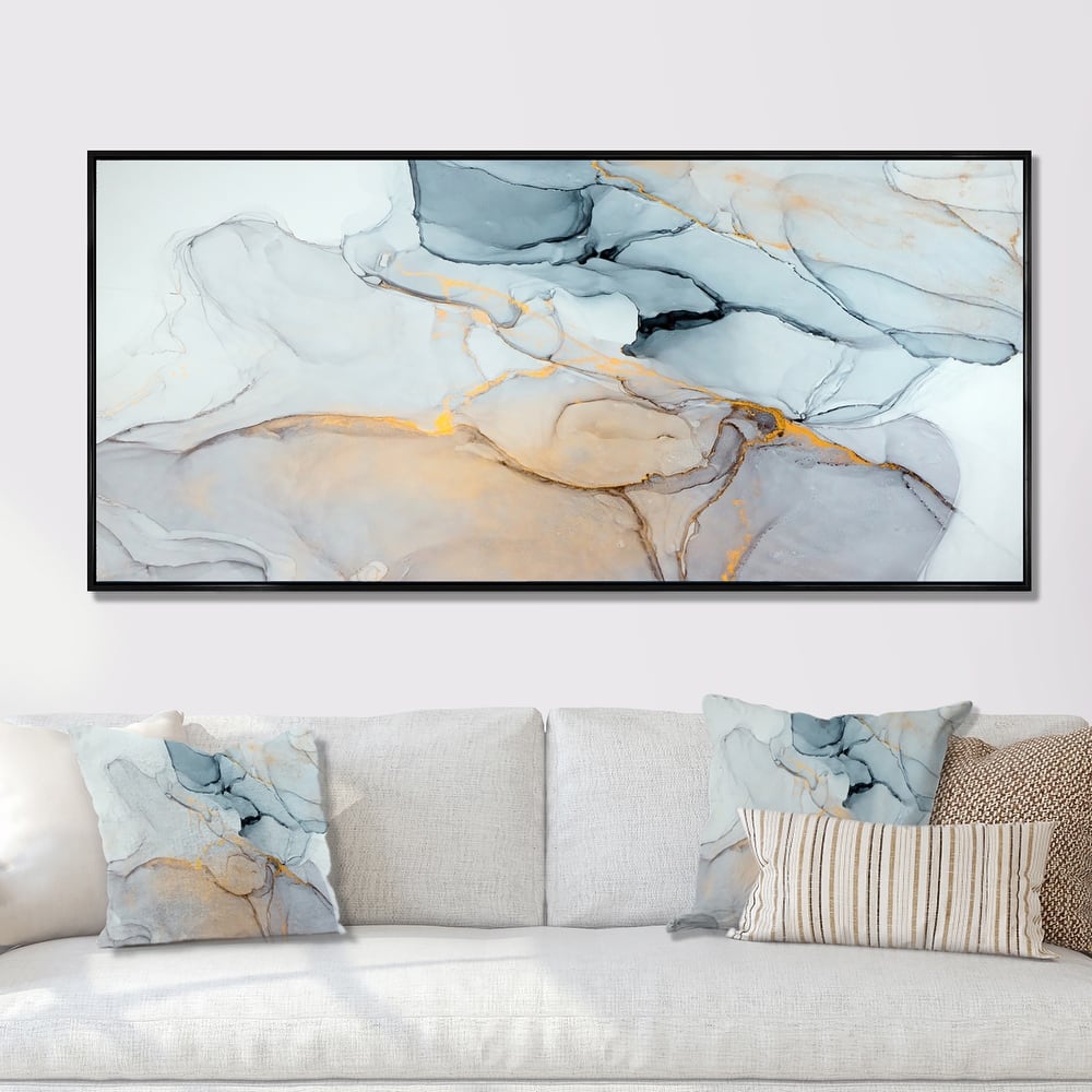 Designart "Luxry Blue And Grey Marble Art Ripples II" Abstract Framed Canvas Wall Art