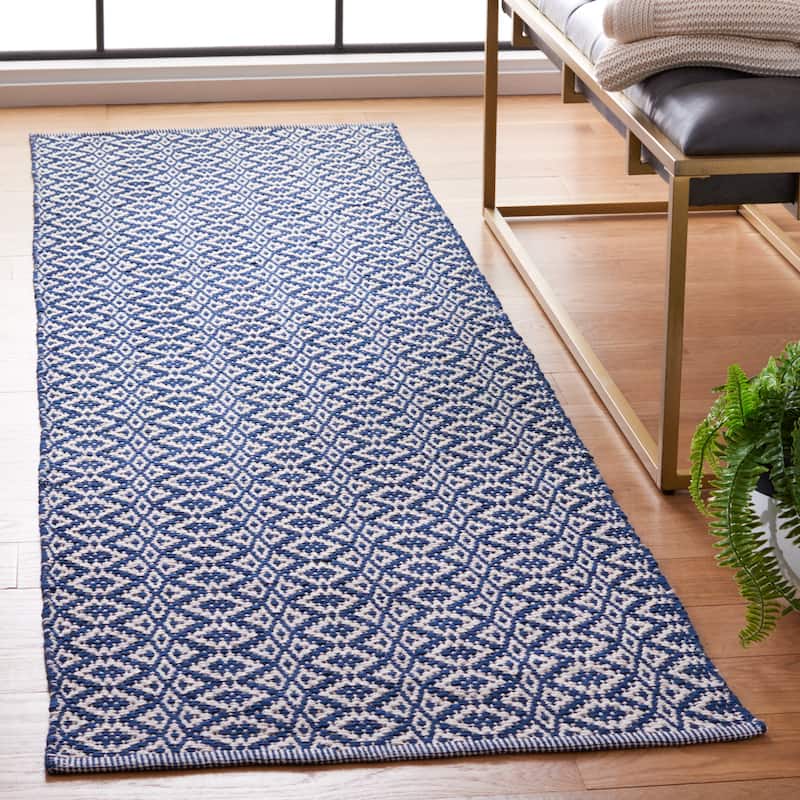 SAFAVIEH Handmade Flatweave Montauk Everly Casual Cotton Rug - 8' Runner - Ivory/Navy