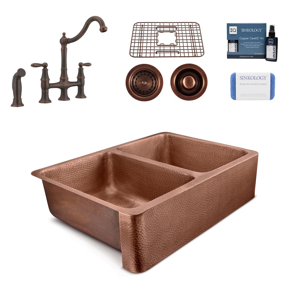 Sinkology Adams Copper 33" Double Bowl Farmhouse Apron Kitchen Sink with Bridge Faucet Kit