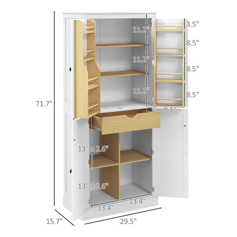 White Kitchen Cabinet with 5-Tier Shelves 8 Spice Racks Adjustable Storage and Metal Drawer - 29.5" L x 15.7" W x 71.7" H
