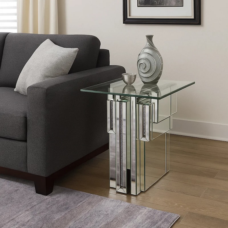 Glass Top End Table with Mirror Panels and Faux Gemstone Accents, Silver