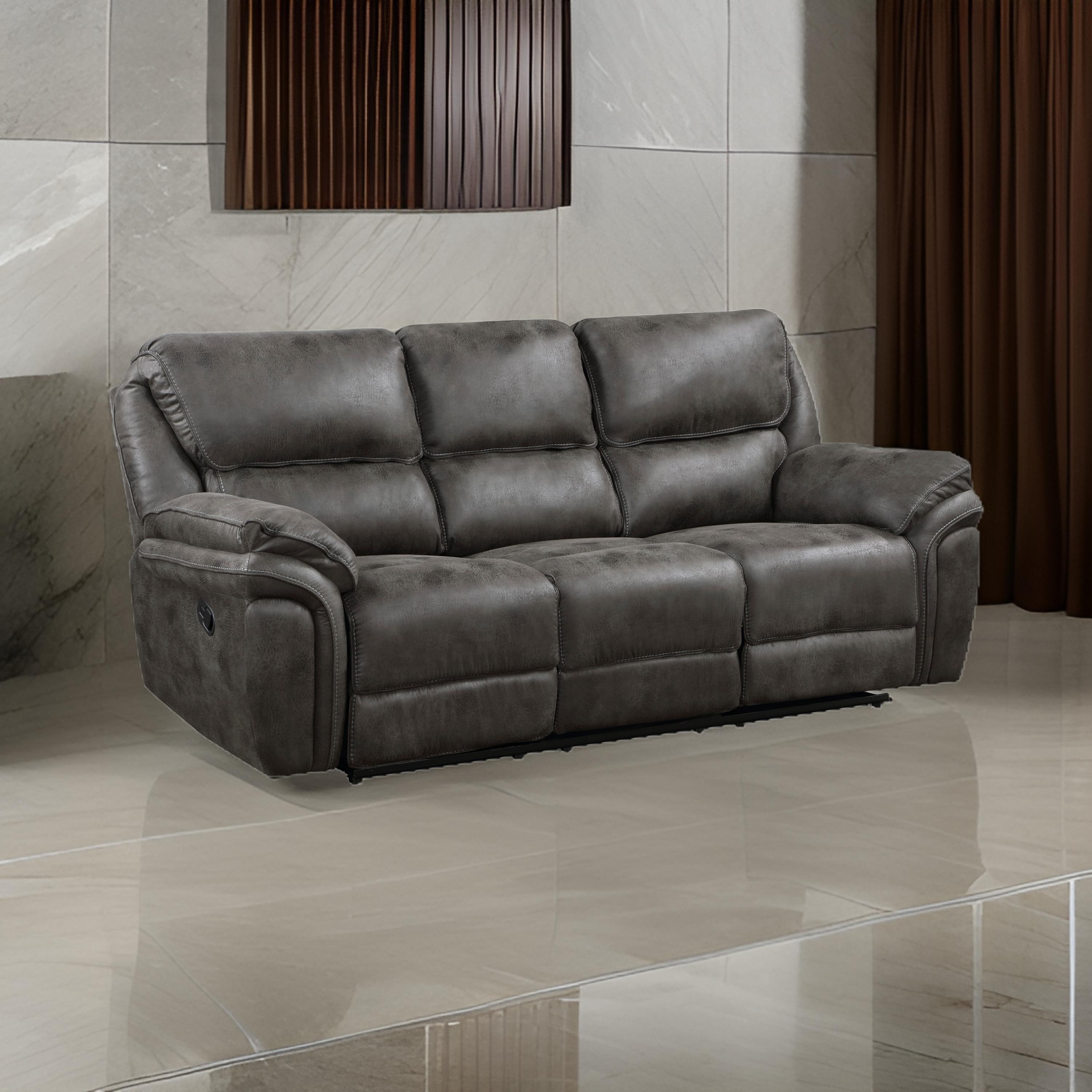 Benjara Tony 90 Inch Double Manual Recliner Sofa, Gray Microfiber, Solid Wood