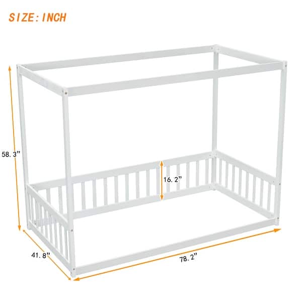 Twin Size Canopy Frame Floor Bed with Guardrails , Elegant Wooden Design, Secure Guardrails Ensure Safety