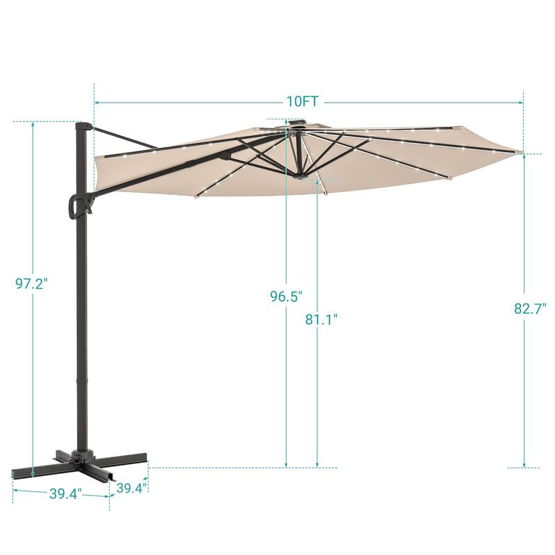 BONOSUKI Solar-powered 10FT Cantilever Patio Umbrella, Ultimate Outdoor Comfort with 360° Rotation and Canopy Angle Adjustment