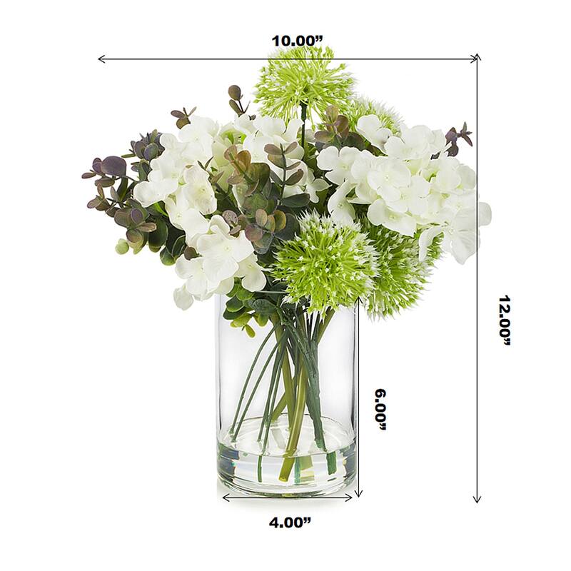 Enova Home Mixed Silk Hydrangea and Greenery Artificial Flowers Arrangement in Clear Cylinder Glass Vase for Home Decór