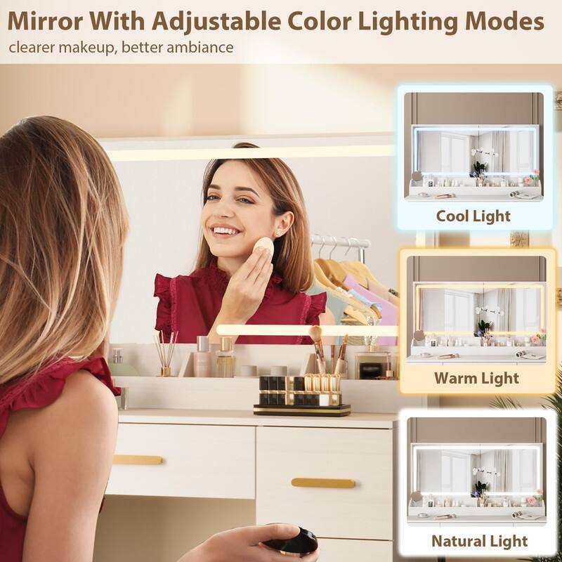 45.9" Vanity Desk with LED Mirror, Power Outlet, 7 Drawers