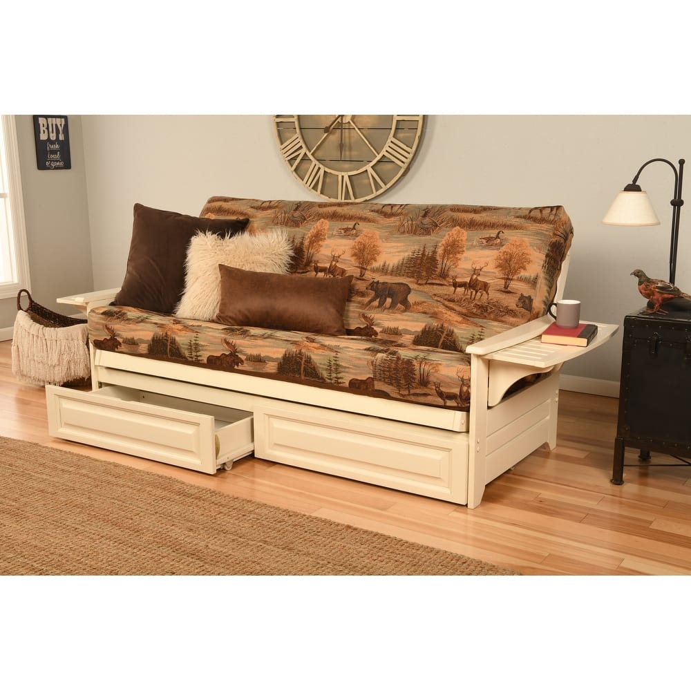 Somette Phoenix Futon Set in Antique White Wood with Innerspring Mattress and Storage Drawers